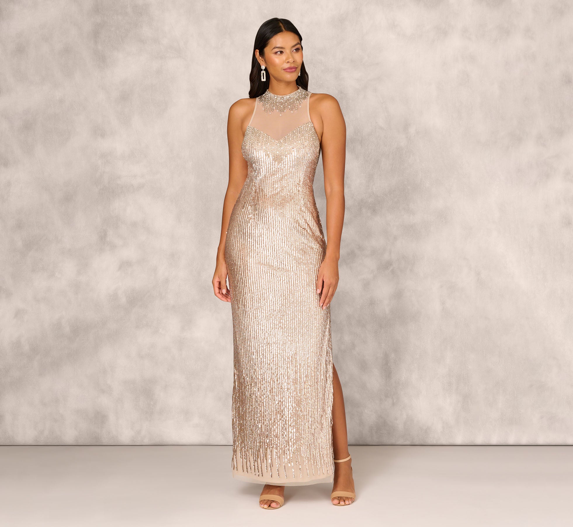 Sleeveless Beaded Column Gown With Illusion Neckline In Champagne