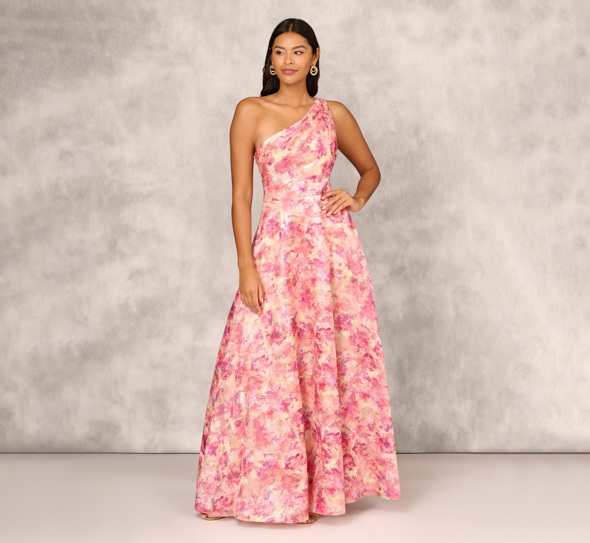 Printed Jacquard One Shoulder Ball Gown With Pleat Details In Red