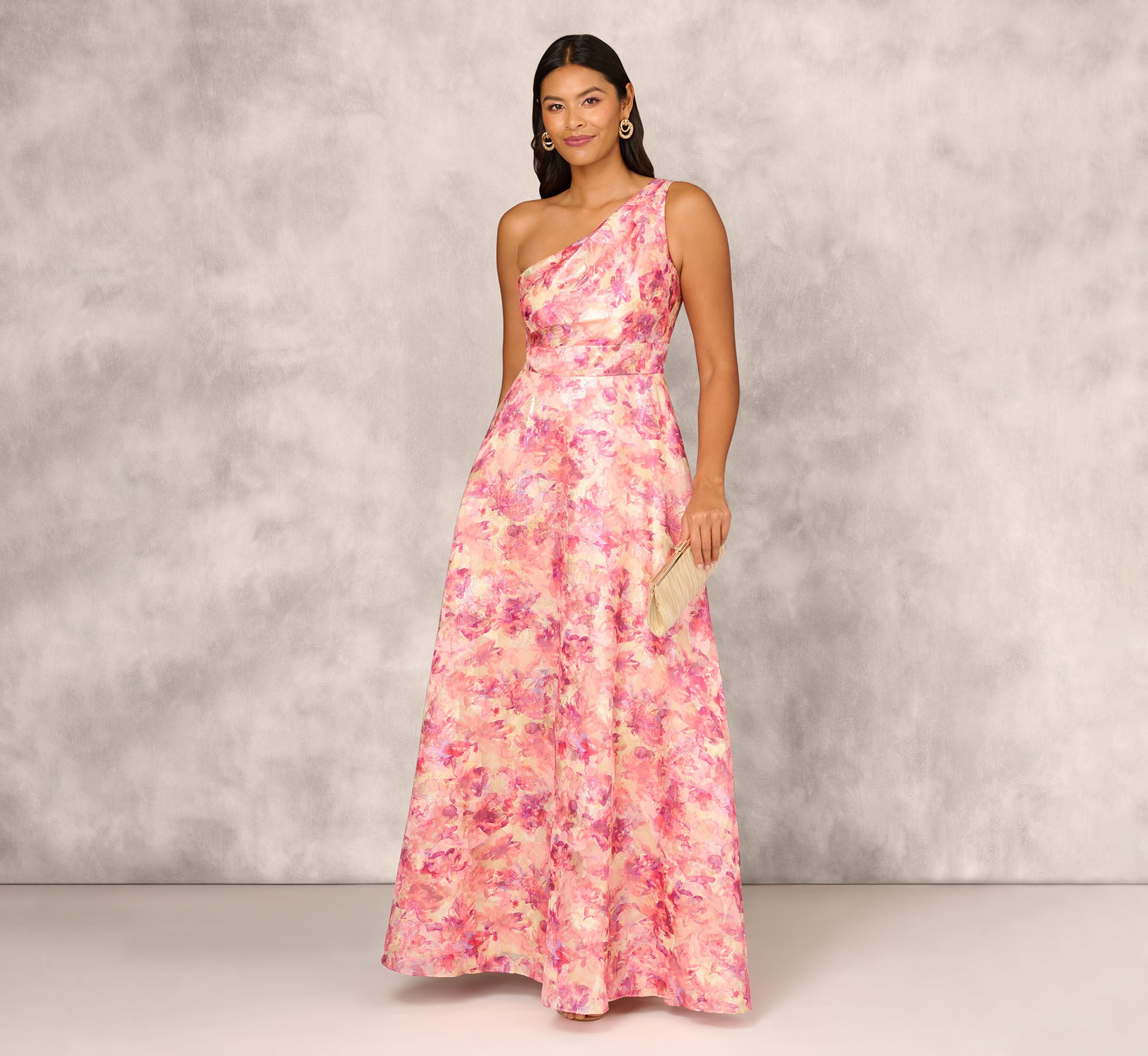 adrianna papell Printed Jacquard One Shoulder Ball Gown With Pleat Details In Red Multi Sale adrianna papell Printed Jacquard One Shoulder Ball Gown With Pleat Details In Red Multi Sale