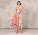 Multicolor Metallic Floral Print Jacquard High Low Gown With Pockets In Pink Multi 2
