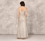 Stretch Sequin Sleeveless Cowl Neck Gown With Gathered Details In Champagne Silver 5