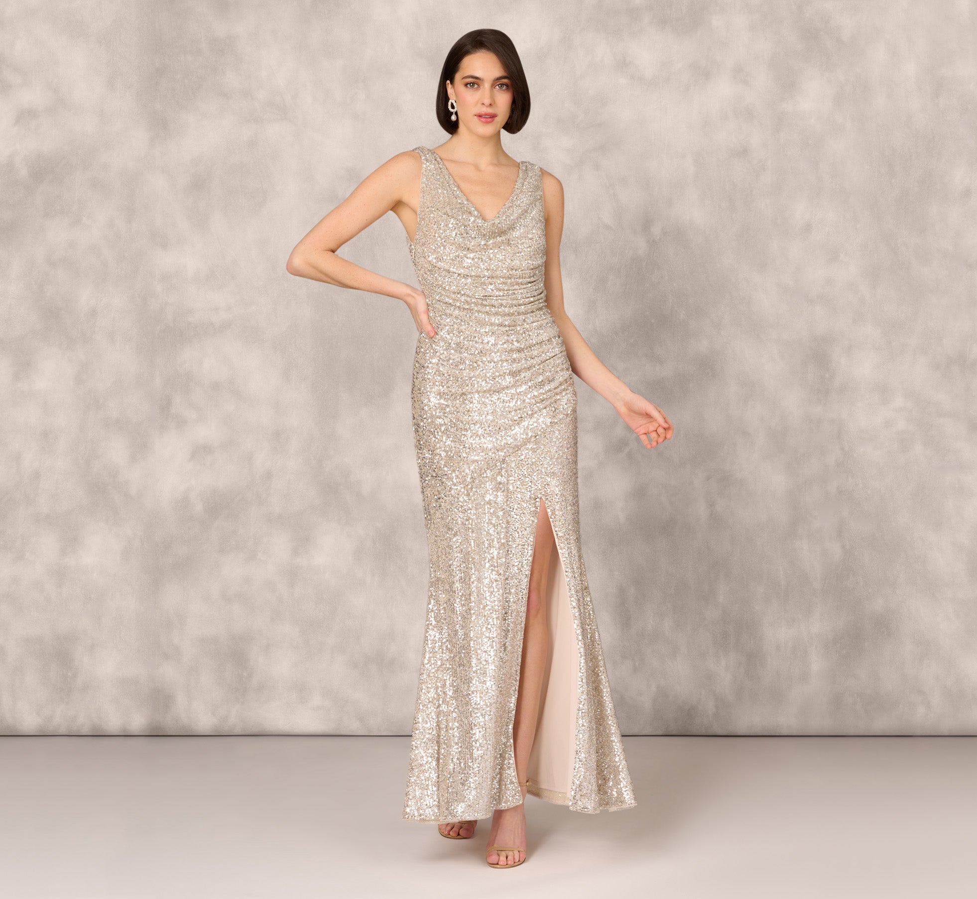Cham Stretch Sequin Sleeveless Cowl Neck Gown With Gathered Details - Adrianna Papell Cham Stretch Sequin Sleeveless Cowl Neck Gown With Gathered Details - Adrianna Papell