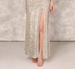 Stretch Sequin Sleeveless Cowl Neck Gown With Gathered Details In Champagne Silver 3