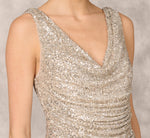 Stretch Sequin Sleeveless Cowl Neck Gown With Gathered Details In Champagne Silver 4