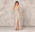 Stretch Sequin Sleeveless Cowl Neck Gown With Gathered Details In Champagne Silver 1