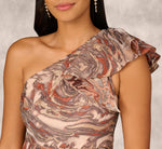 Clipped Jacquard High Low Gown With Ruffle One Shoulder Neck In Rust Multi 4