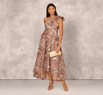 Clipped Jacquard High Low Gown With Ruffle One Shoulder Neck In Rust Multi 2
