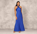 Satin Floral Beaded Halter Mermaid Gown In Deep Sapphire 2