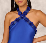 Satin Floral Beaded Halter Mermaid Gown In Deep Sapphire 4