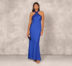 Satin Floral Beaded Halter Mermaid Gown In Deep Sapphire 1