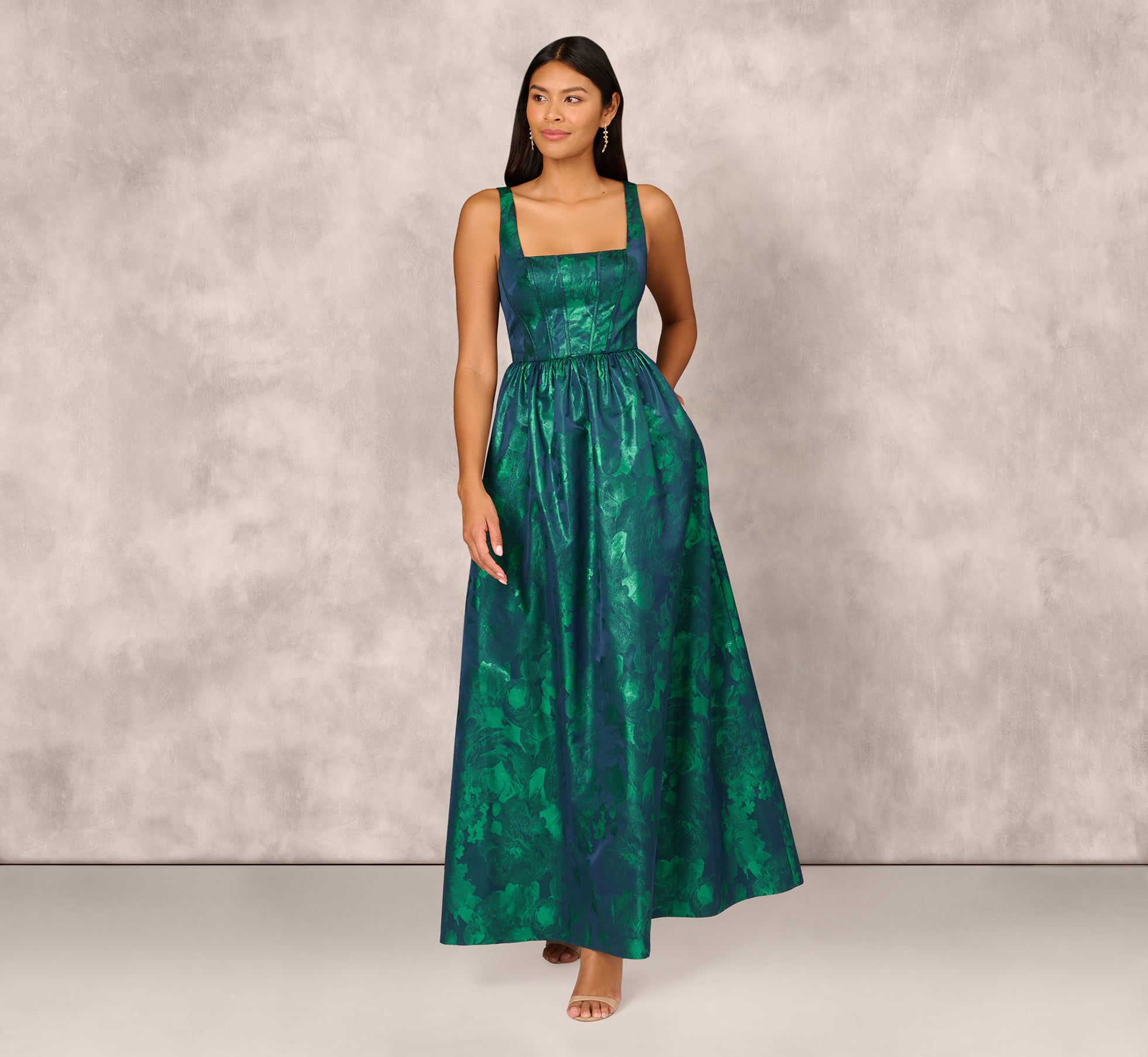 Dark Ivy Lame Satin Jacquard Gown With Square Neckline - Adrianna Papell Dark Ivy Lame Satin Jacquard Gown With Square Neckline - Adrianna Papell