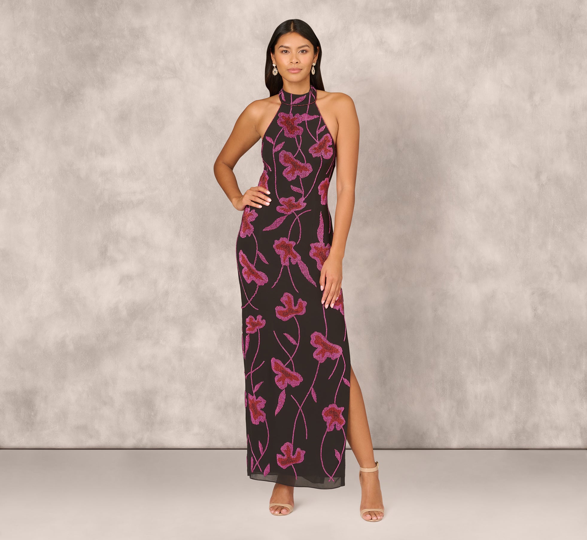 Black Multi Beaded Floral Halter Column Gown With Mock Neck - Adrianna Papell Black Multi Beaded Floral Halter Column Gown With Mock Neck - Adrianna Papell