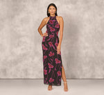 Beaded Floral Halter Column Gown With Mock Neck In Black Multi 3