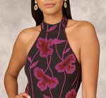 Beaded Floral Halter Column Gown With Mock Neck In Black Multi 4