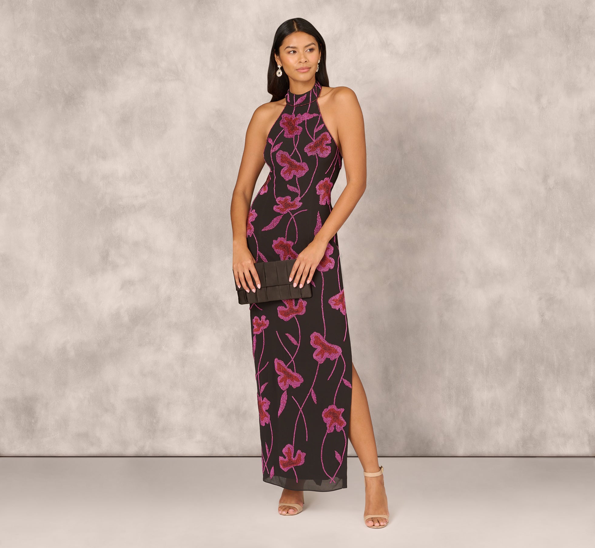 Black Multi Beaded Floral Halter Column Gown With Mock Neck - Adrianna Papell Black Multi Beaded Floral Halter Column Gown With Mock Neck - Adrianna Papell
