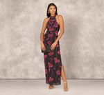 Beaded Floral Halter Column Gown With Mock Neck In Black Multi 2