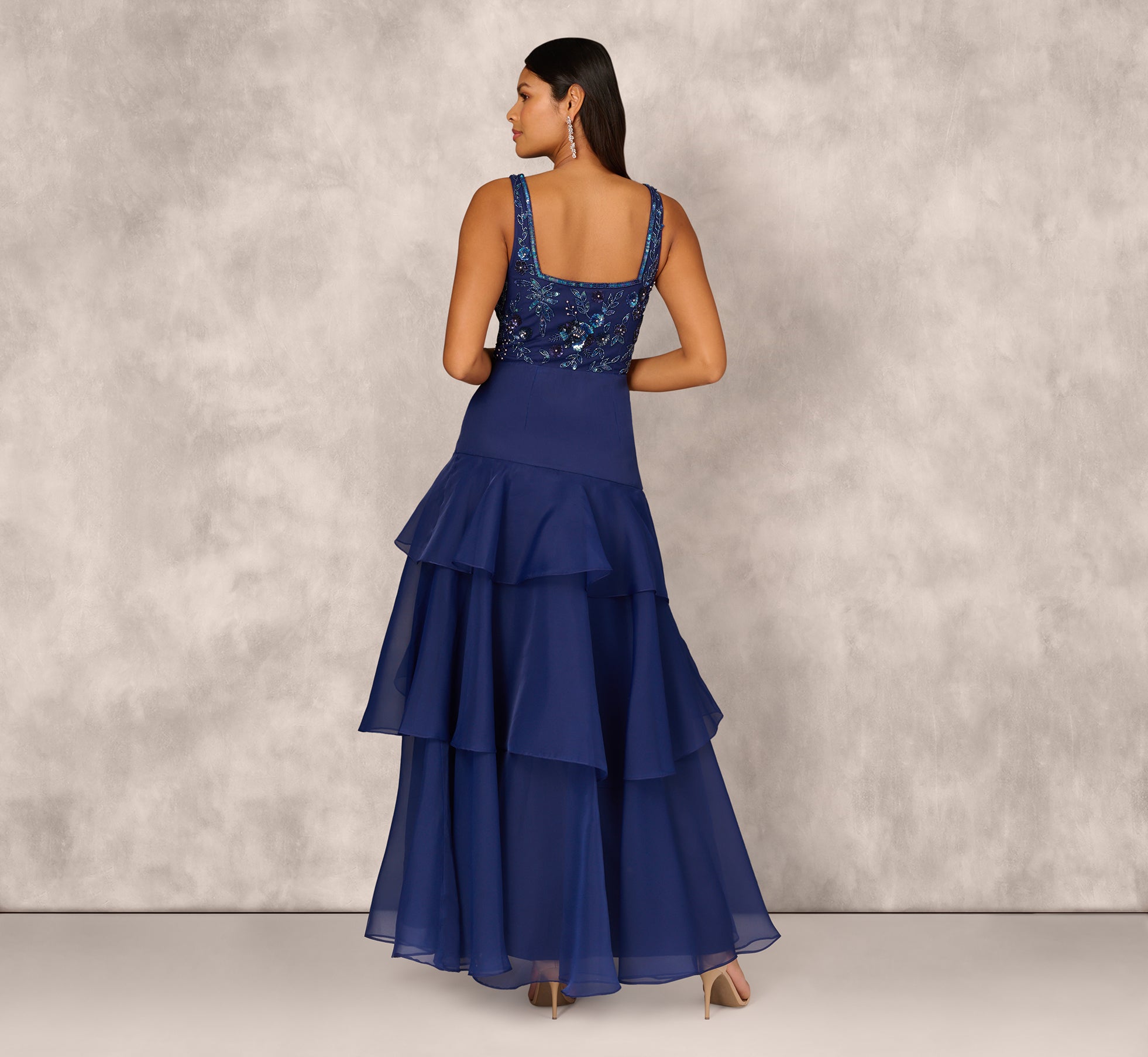 Navy Tiered Organza Gown With Beaded Bodice - Adrianna Papell