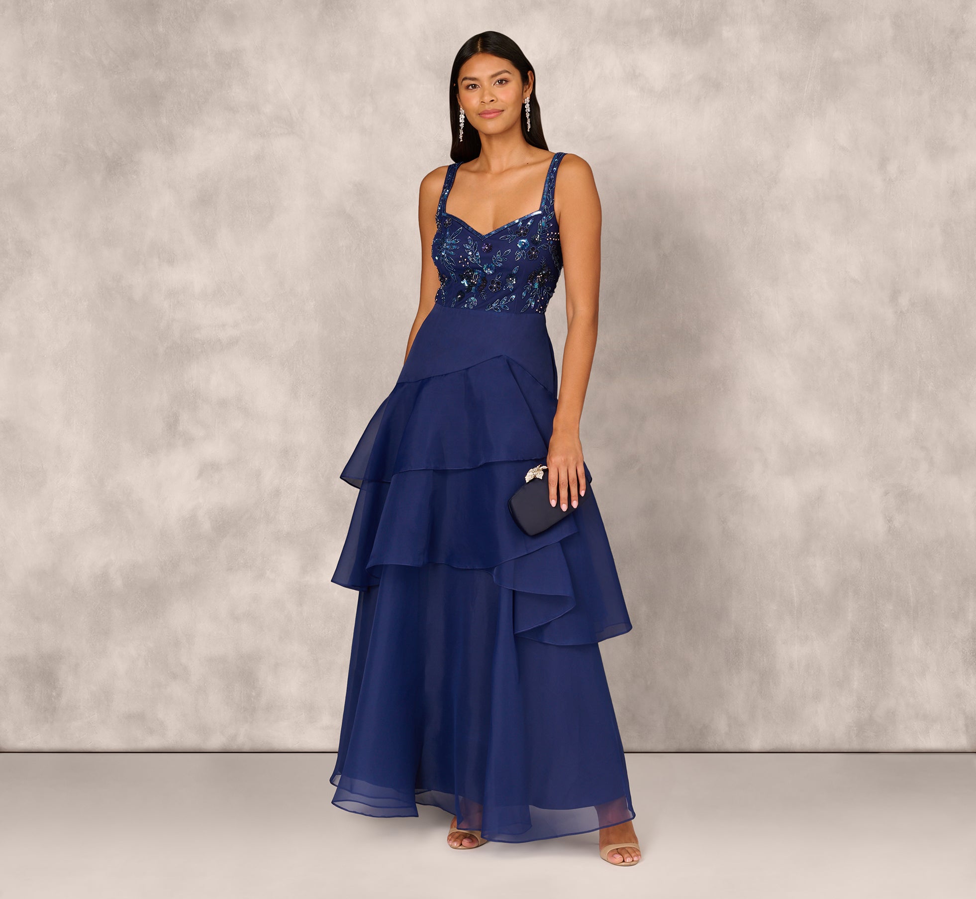 Navy Tiered Organza Gown With Beaded Bodice - Adrianna Papell Navy Tiered Organza Gown With Beaded Bodice - Adrianna Papell