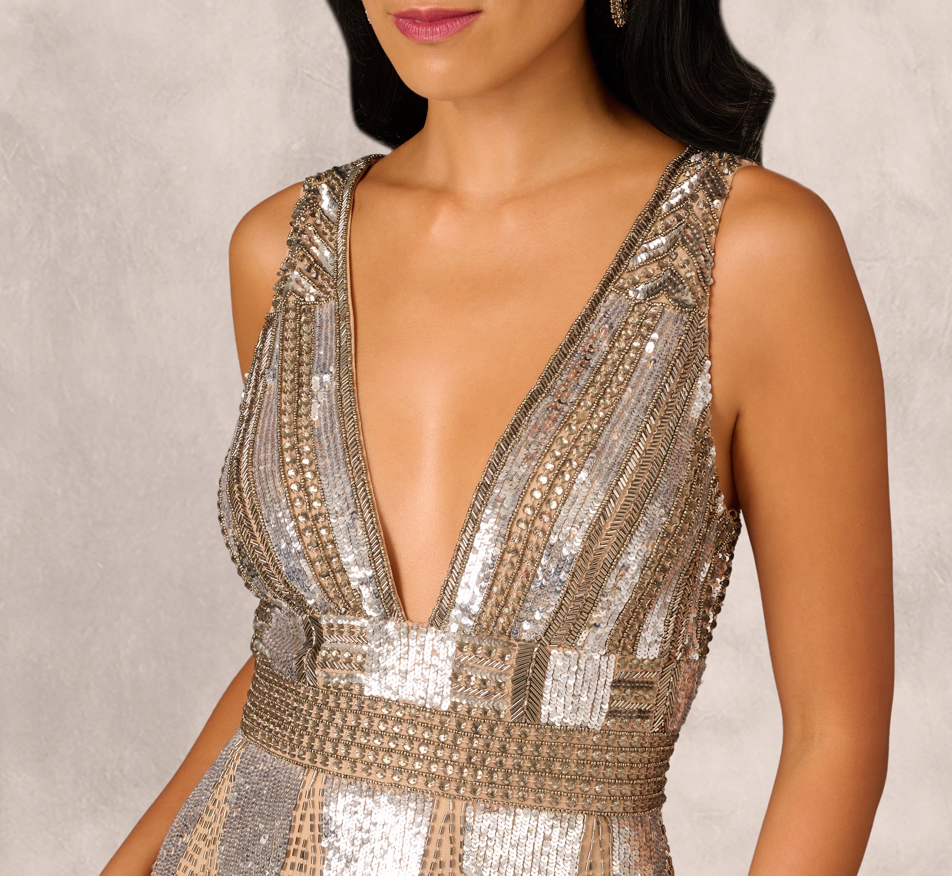 Silver Multi Fully Beaded Plunge Long Dress