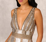 Fully Beaded Plunge Long Dress In Silver Multi 3