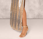 Fully Beaded Plunge Long Dress In Silver Multi 4