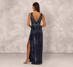 Fully Beaded Plunge Long Dress In Navy Gunmetal 5