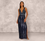 Fully Beaded Plunge Long Dress In Navy Gunmetal 2