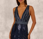 Fully Beaded Plunge Long Dress In Navy Gunmetal 3