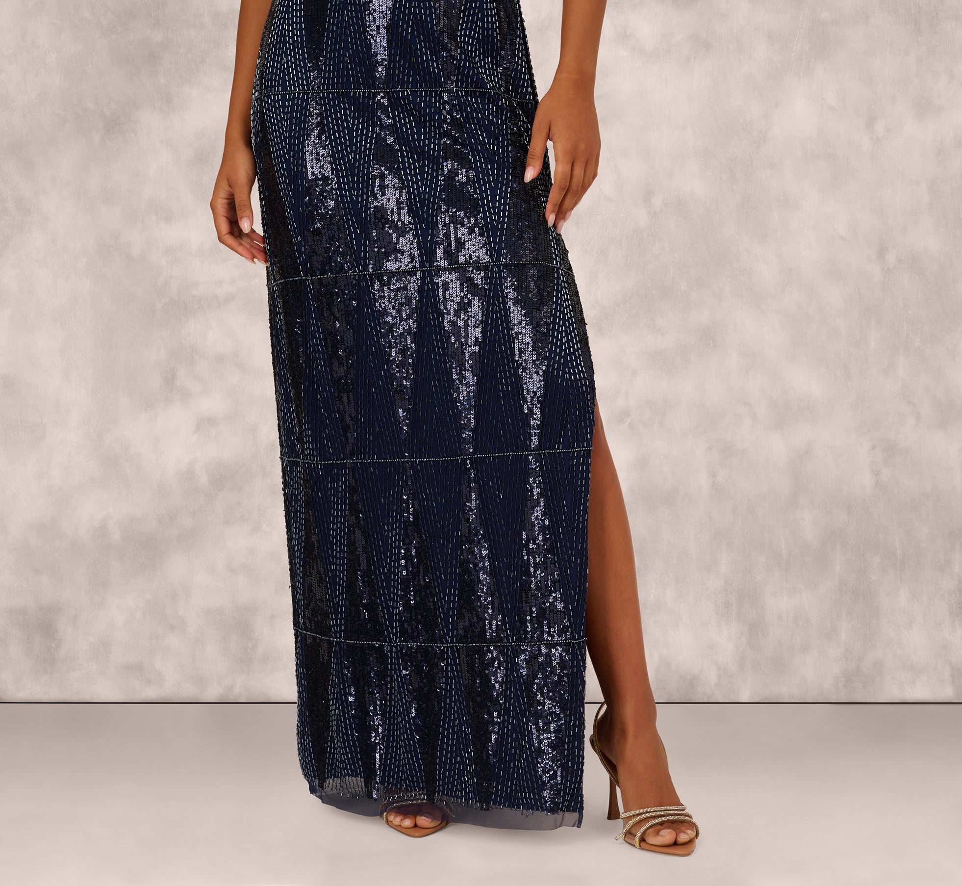 Navy Fully Beaded Plunge Long Dress