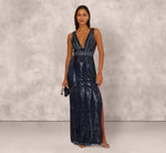 Fully Beaded Plunge Long Dress In Navy Gunmetal 1
