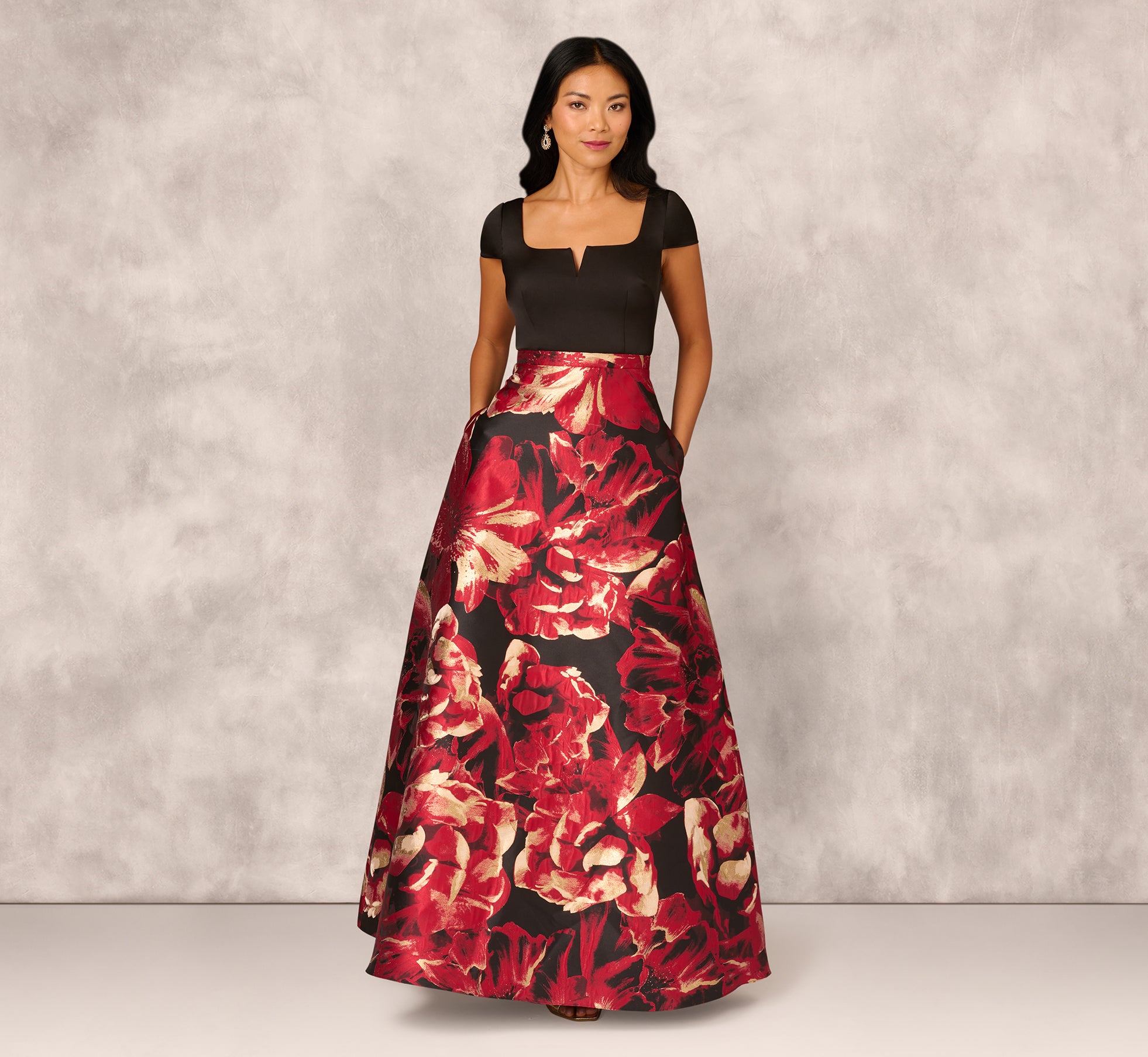 Combo Fabric Cap Sleeve Gown In Black Red Multi - Adrianna Papell