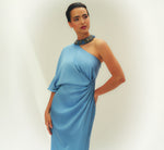 Crepe Back Satin One Shoulder Long Dress In Blue Cloud 1