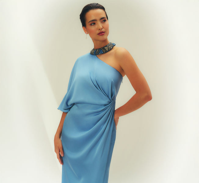 Crepe Back Satin One Shoulder Long Dress In Blue Cloud
