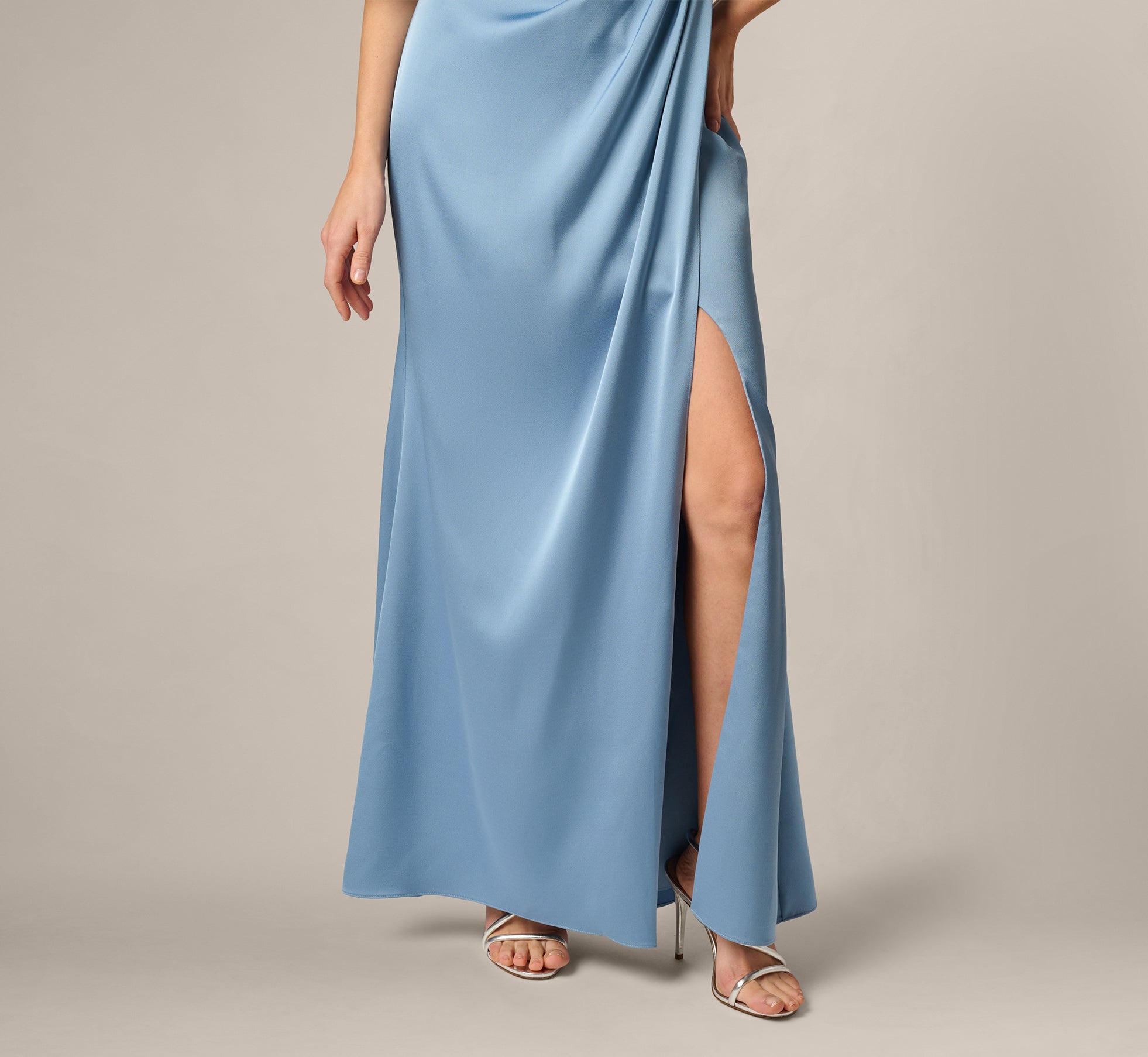 Blue Crepe Back Satin One Shoulder Long Dress - Adrianna Papell Blue Crepe Back Satin One Shoulder Long Dress - Adrianna Papell