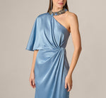 Crepe Back Satin One Shoulder Long Dress In Blue Cloud 4