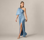Crepe Back Satin One Shoulder Long Dress In Blue Cloud 1