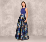 Sleeveless Floral Jacquard Combo Ballgown In Blue Yellow Multi 1