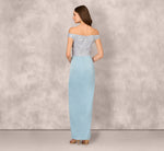 Off Shoulder Beaded Satin Combo Long Dress In Clear Water 5