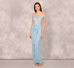 Off Shoulder Beaded Satin Combo Long Dress In Clear Water 2