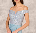 Off Shoulder Beaded Satin Combo Long Dress In Clear Water 3