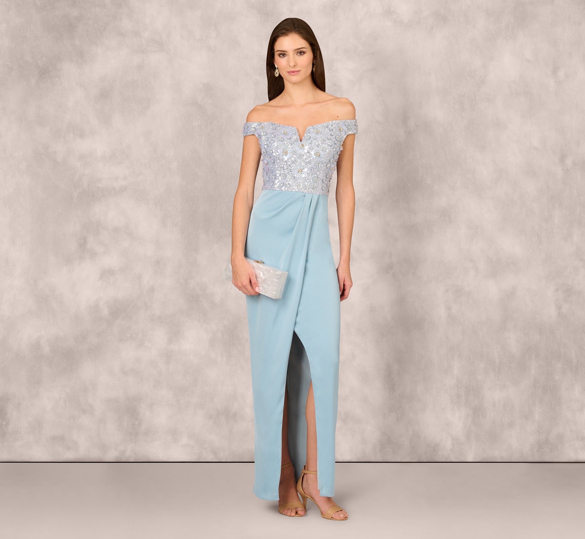 aidan mattox Off Shoulder Beaded Satin Combo Long Dress In Clear