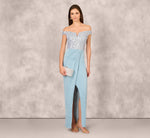 Off Shoulder Beaded Satin Combo Long Dress In Clear Water 1