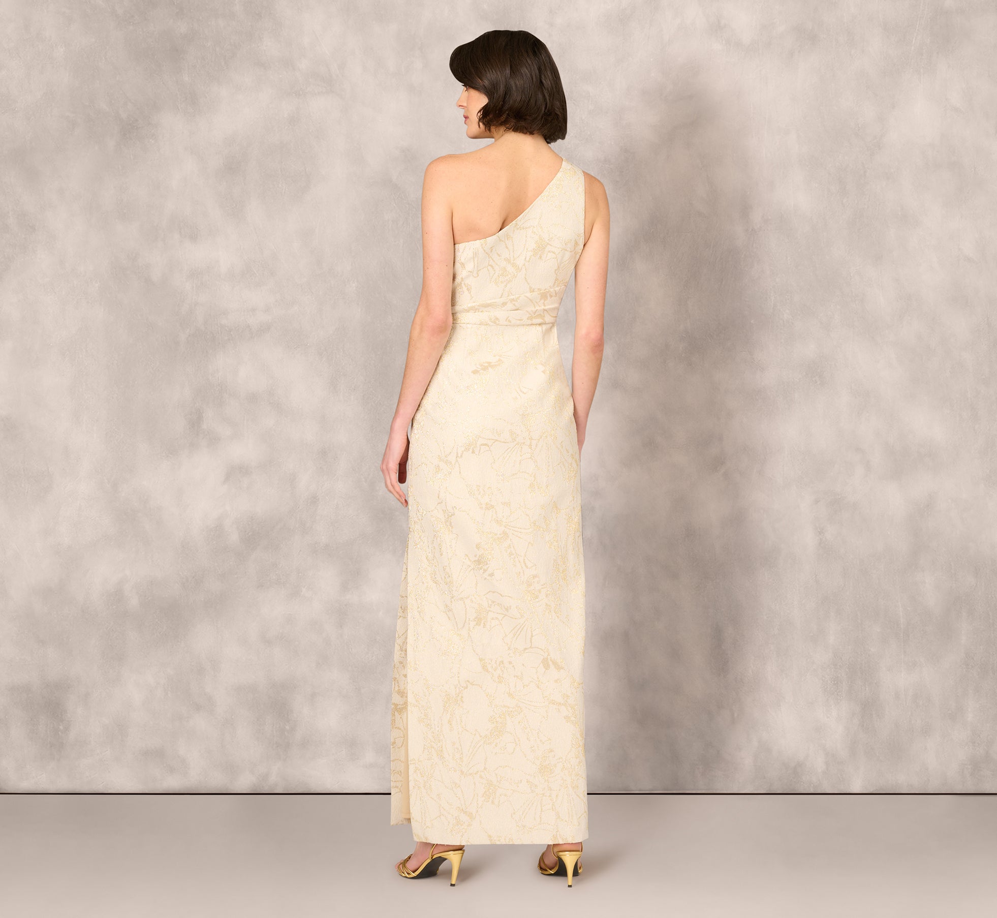 Gold One Shoulder Metallic Stretch Jacquard Column Gown - Adrianna Papell Gold One Shoulder Metallic Stretch Jacquard Column Gown - Adrianna Papell