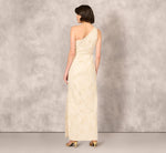 One Shoulder Metallic Stretch Jacquard Column Gown In Light Gold 5