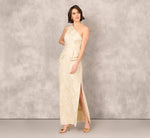 One Shoulder Metallic Stretch Jacquard Column Gown In Light Gold 2