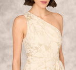 One Shoulder Metallic Stretch Jacquard Column Gown In Light Gold 4