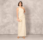 One Shoulder Metallic Stretch Jacquard Column Gown In Light Gold 1