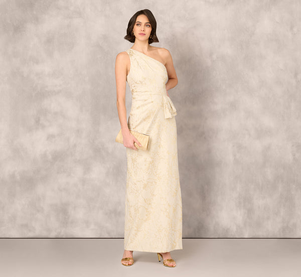 Aidan Mattox One-Shoulder Metallic Jacquard Column Gown - Light Gold Aidan Mattox One-Shoulder Metallic Jacquard Column Gown - Light Gold