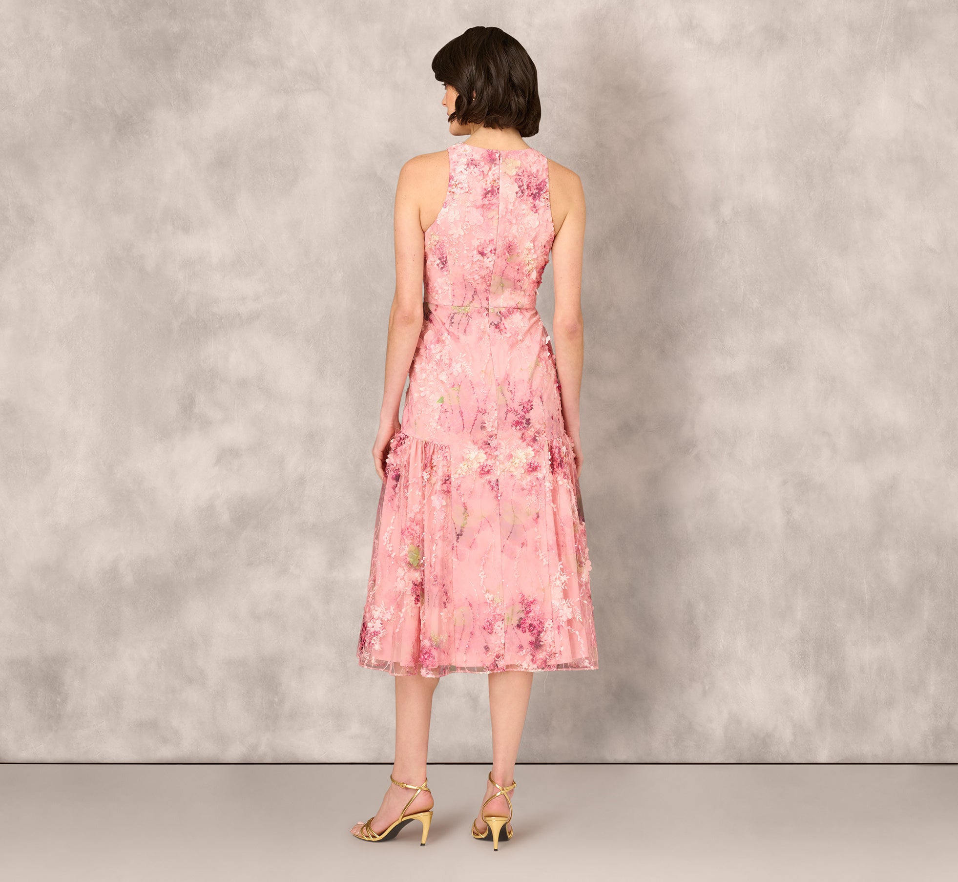 pink sleeveless hand beaded floral midi dress Hand Beaded Short Sleeve Floral Godet Gown In Blush Pink