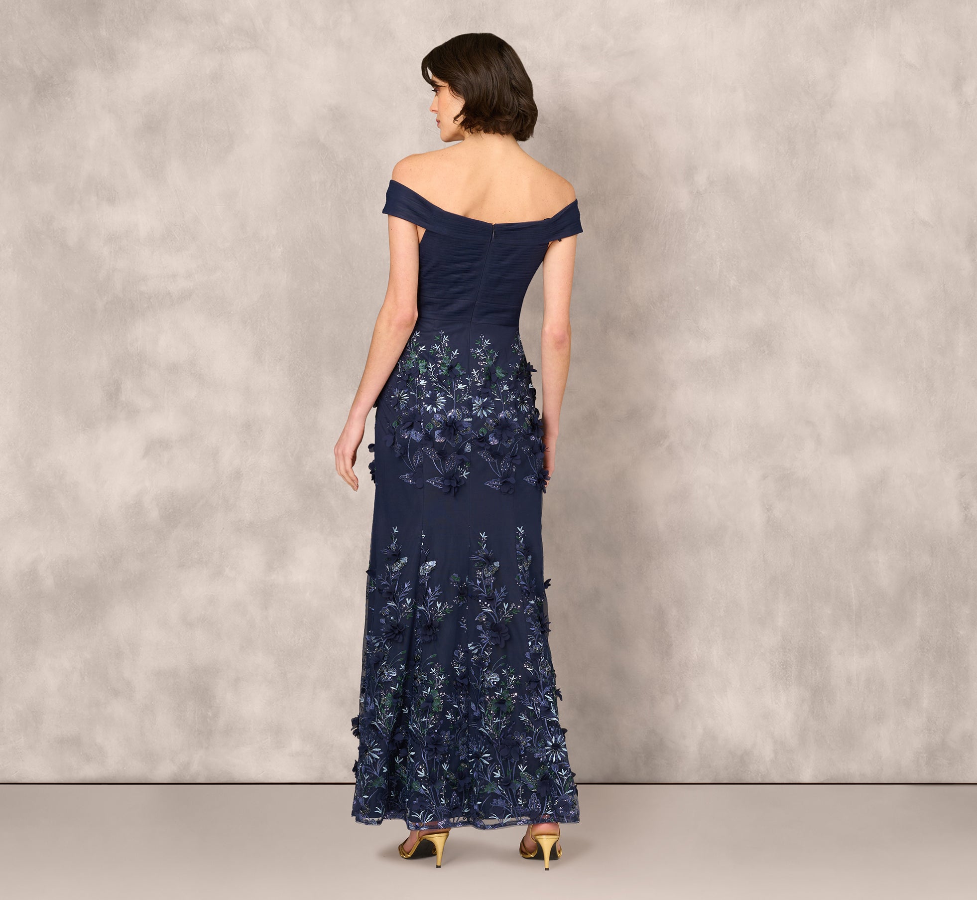 Off Shoulder Sequin Embroidery Mermaid Gown In Navy 1